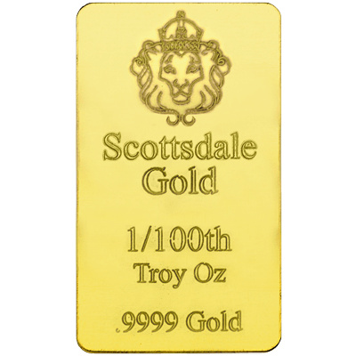 A picture of a 1/100 oz Scottsdale Gold Bar